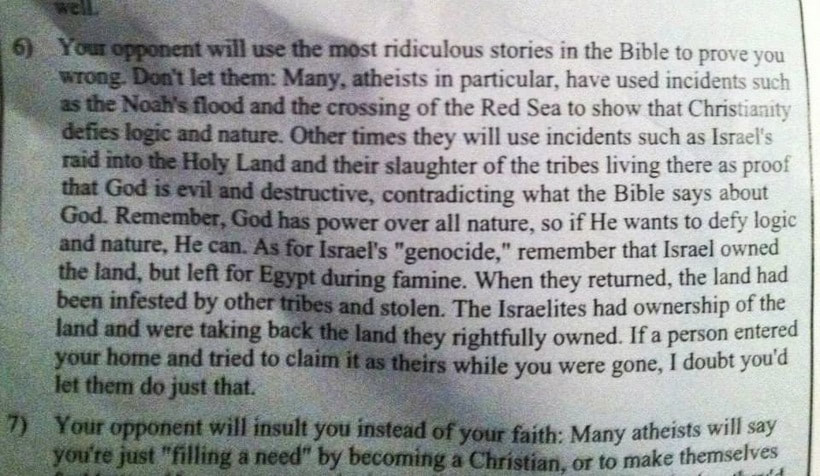 Page from fundamentalist Christian school textbook in the USA justifying genocide