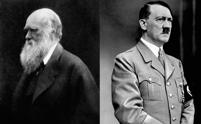 Charles Darwin and Adolf Hitler side-by-side facing away from each other
