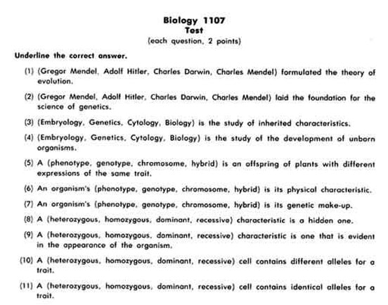 High school biology multiple choice test with politically loaded questions from a fundamentalist Christian school in the UK