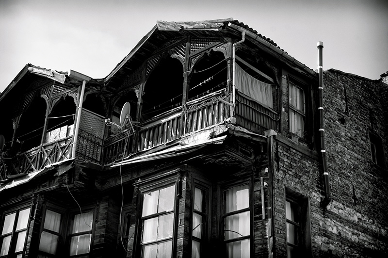 TUR0105BW10X15 Balconies of a traditional half wooden Turkish house in an Istanbul suburb