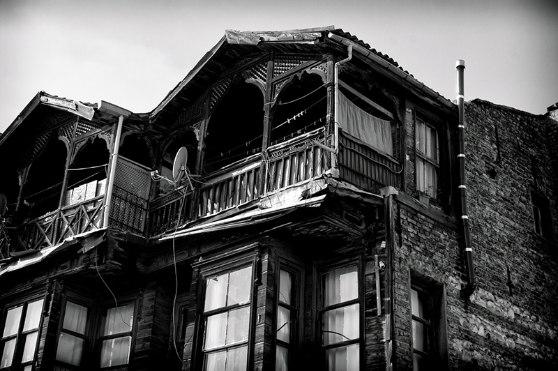 Balconies of a traditional half wooden Turkish house in an Istanbul suburb