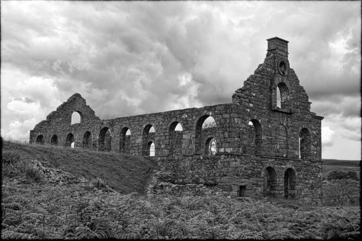 The abandoned Ynys Y Pandy slate mill at Cwmystradllyn, looking like an abandoned church