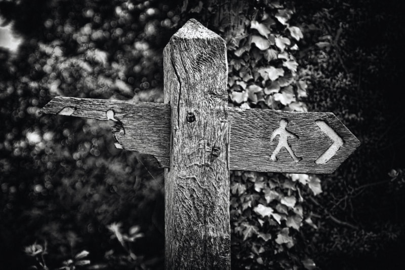 Wooden Signpost with figures walking in opposite directions, one direction has been damaged