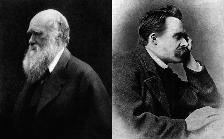 Portraits of Darwin and Nietzsche facing away from each other