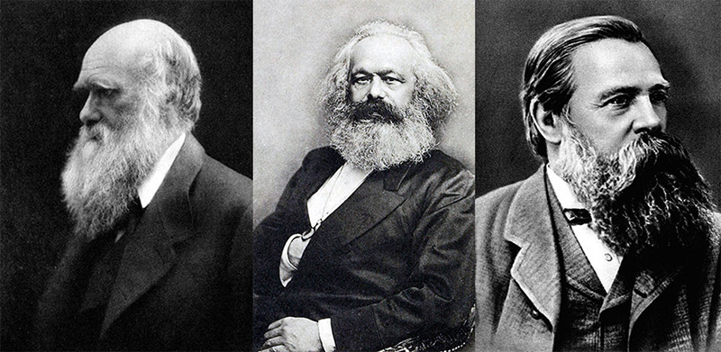 A triptych of portraits of Darwin, Marx and Engels, all facing away from each other